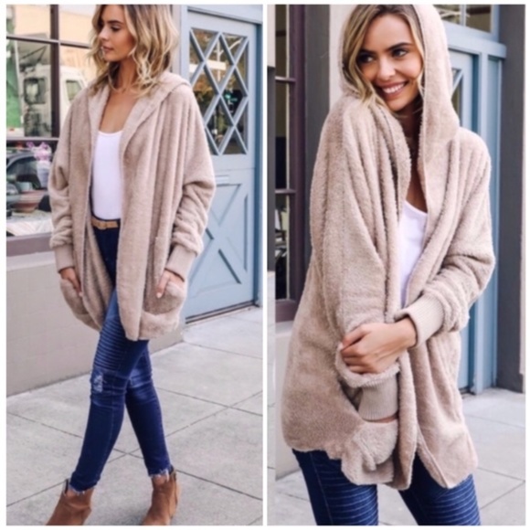 Sweaters - SOLD OUT Taupe Soft Faux Fur Fleece Plush One Size Hooded Cardigan Jacket